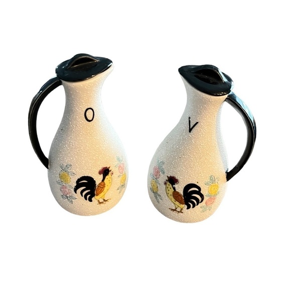 MCM Textured Pottery Oil Vinegar Cruets Rooster Florals - Picture 1 of 10